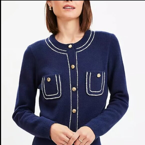 ANN TAYLOR LOFT TOPSTITCHED NAVY WHITE GOLD BUTTON SWEATER JACKET CARDIGAN XXSP - Picture 1 of 7